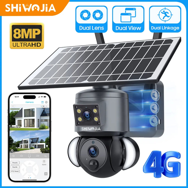 SHIWOJIA 4K 8MP Solar Camera 4G SIM /WIFI Security Outdoor Dual Lens Recording Humanoid Tracking Color Night Vision PTZ Cam